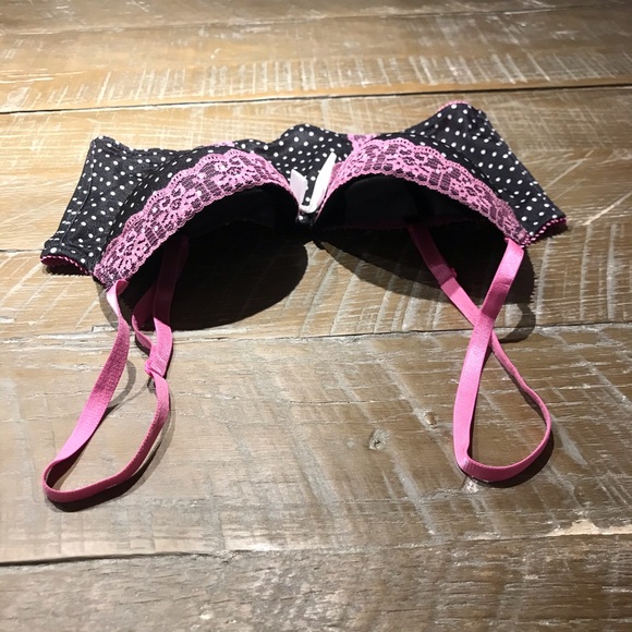 Sexy Lingerie Bra Top 34C Black with white polka dot and pink lace trim - Picture 4 of 8